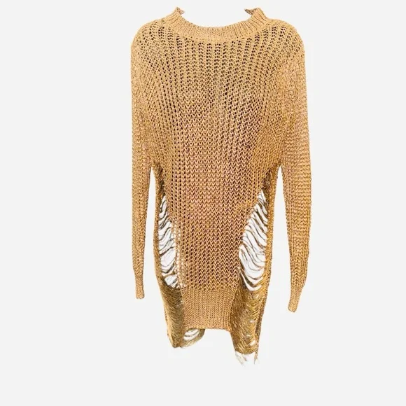 Thirty 6 Point 5 Gold Metallic Knit Sheer Long Sweater Dress S/M - Picture 2 of 8